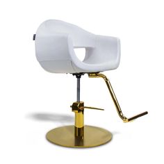 a white and gold chair on a metal base with an adjustable foot rest that is attached to the back of the chair