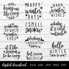 christmas svg bundle with winter sayings and snowflakes on the wood background