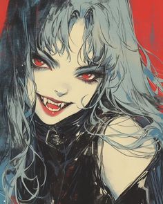 a drawing of a woman with red eyes and long hair, wearing black leather clothes