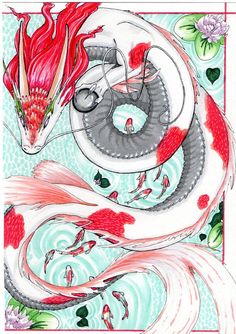 a drawing of two red and white koi fish on top of each other in water