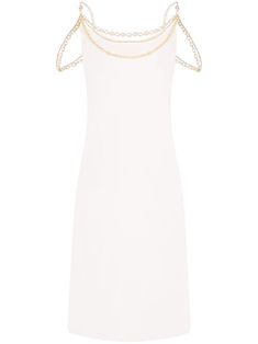 white silk two chain-link shoulder straps cowl neck sleeveless below-knee length straight hem Elegant Summer Dress With Chain Strap, Summer Sleeveless Dress With Chain Strap, Summer Dresses With Chain Strap, Elegant Cocktail Dress With Chain Strap, Elegant Formal Dresses With Chain Strap, Elegant Cocktail Dresses With Chain Strap, Fitted Chain Dresses, Summer Evening Dresses With Chain Strap, Elegant Evening Dress With Chain Detail