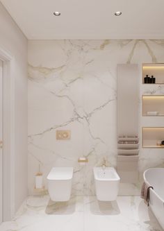 a white bathroom with marble walls and floor