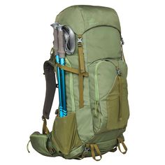 a green backpack with hiking equipment attached to it's back pocket and straps on the front