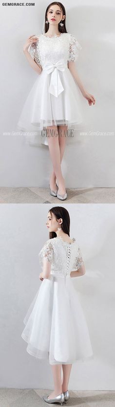 Gorgeous White Big Bow Tulle Party Dress High Low with Lace White Lace Dress For Spring Banquet, White Short Sleeve Evening Dress For Party, White Mini Evening Dress For Spring, White Knee-length Mini Dress For Prom, White Lace Dresses For Party Season, White Knee-length Evening Dress For Banquet, White Lace Prom Dress For Spring, White Lace Dress For Spring Prom, Homecoming Dresses High Low