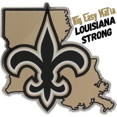 the new orleans saints logo is shown in black and gold on a white background with text that reads, big easy mata, louisiana strong