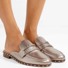 Color: Argento Size: Eur 36.5 Condition: New With Box Msrp: $895 Valentino Garavani Soul Rockstud Mule In Metallic Napa Leather - Platinum-Finish Micro Studs Applied On The Welt And Upper - Contrasting Sole In Dark Brown Color - Heel Height 20mm / 0,8 In. - Made In Italy Luxury Leather Loafers With Studs, Elegant Leather Loafers With Spikes, Elegant Slip-on Loafers With Spikes, Elegant Spiked Slip-on Loafers, Elegant Studded Leather Loafers, Elegant Stud Leather Loafers, Valentino Garavani Shoes, Flat Mules, Dark Brown Color