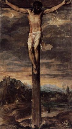 a painting of jesus on the cross with mountains in the background