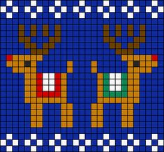 a pixellated image of two reindeers in blue and white squares with red noses