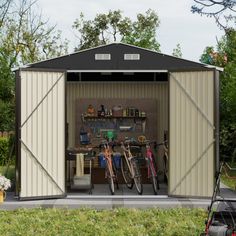 This 10x10 Metal Steel Storage Shed is the perfect choice for your outdoor storage! Made entirely of alloy steel, this sturdy metal shed is treated to resist rust and corrosion, keeping it looking new after extended use and protecting your outdoor equipment, tools, and gardening supplies from all types of harsh weather. The inverted V-shaped roof adds extra storage space while preventing rainwater buildup that can lead to rust. The storage shed is equipped with two doors, which allow bulky tools Shed Black, Outdoor Shed, Steel Storage Sheds, Metal Storage Sheds, Siding Colors, Steel Storage, Metal Shed, Outdoor Sheds, Outdoor Equipment