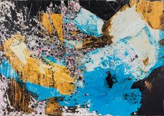 an abstract painting with blue, yellow and black colors on it's surface is shown