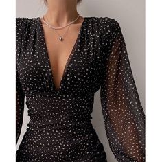 Tavimart Chicme Fashion Women All Over Print Ruched Bodycon Dress Lantern Sleeve Ruffle Hem Dress Plunge V neck Long Sleeve Mini Dress