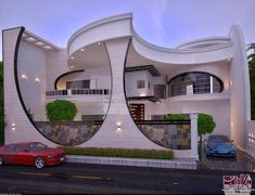 a car parked in front of a white building with curved windows and balconies