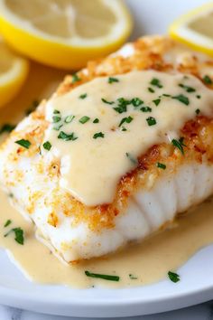 a white plate topped with fish covered in gravy and lemon wedges next to slices of lemon