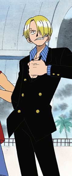 an anime character with blonde hair wearing a black suit