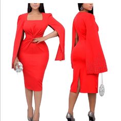 Pearls Long Sleeve Midi Squared Neck Red Pleated Size M Elegant Red Asymmetrical Midi Dress, Formal Red Midi Dress, Chic Red Midi Dress For Work, Red Linen Midi Dress, Elegant Red Mid-length Dress, Red Knee-length Midi Dress For Date Night, Red Midi Dress For Date Night, Knee-length, Chic Red Mid-length Dress, Elegant Red Midi Dress For Date Night