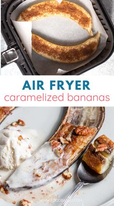 an air fryer filled with banana slices and ice cream