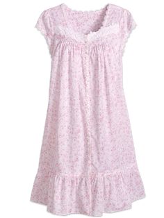 This enchanting robe is covered with whisper-soft roses and is beautifully detailed with the little touches you've come to expect from Eileen West sleepwear. It's made of soft, lightweight cotton and beautifully detailed with an intricate lace applique, delicate lace trim along the cap sleeves and neckline, pin tucking, and pearlized buttons.    Shorter, chemise-length robe   Lace applique frames the neckline   Full-button with pretty pearlized buttons   Pintucking trim at ruffled hem   Approx. Cotton Night Dress, Vermont Country Store, Eileen West, Cotton Nightgown, Linen Dress Women, Night Dress For Women, Nightgowns For Women, Country Store, Womens Robes