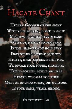 a woman in a long black dress holding her hands up with the words hactae chant on it