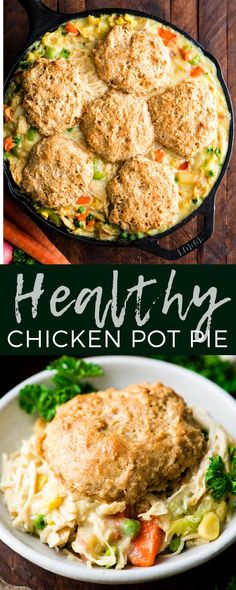 healthy chicken pot pie recipe with text overlay