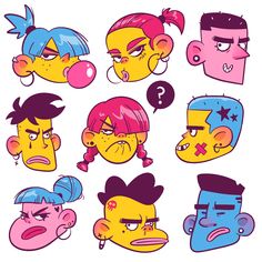 cartoon characters with different facial expressions on their faces, including one man and two women