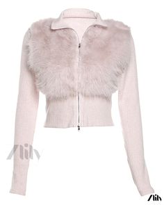 Zlily - Solid Color Fashionable Turn-down Collar Long Sleeve Cardigan with Crop Top and Plush Outerwear Fitted Tops For Cold Weather, Pink Winter Tops For Cold Weather, Coco Core, Dressy Casual Outfits, Preformance Outfits, Chanel Perfume, Future Clothes, Future Outfit, Swag Outfits For Girls