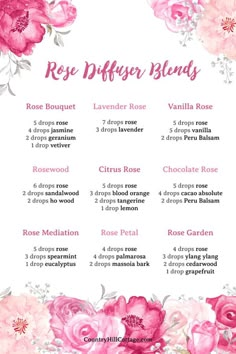 Enjoy the alluring scent of roses with luxurious rose diffuser blends! Learn the benefits of rose aromatherapy and 9 rose oil recipes for relaxation mood support, and home fragrance. Included are tips for choosing the best rose oil and a handy list of essential oils that blend well with rose like sandalwood, vanilla, geranium, patchouli, lavender and lemon. Rose oil is brimming with wellness benefits. It can soothe emotions and can elevate and relax your mood.| CountryHillCottage.com Essential Oil Candle Recipes, Essential Oil Perfume Blends, Essential Oil Perfumes Recipes, Fragrance Oil Blends, Essential Oil Diffuser Blends Recipes, Mood Support, Essential Oil Diffuser Recipes, Oil Diffuser Recipes, Essential Oil Mixes