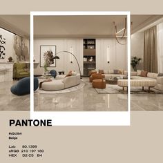 the pantone color scheme for this living room is beige and white, with black accents