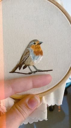 a hand holding a small bird on top of a piece of fabric in front of a hoop