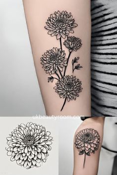 a woman's arm with black and white flowers on the back of her arm