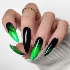 Neon Green And Black Nail Designs, Neon Goth Nails, Black And Green Stiletto Nails, Green And Black Halloween Nails, Black And Green Nails Designs, Black And Neon Green Nails, Poison Nails, Black Green Nails, Green Black Nails