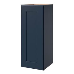 a blue cabinet with an orange top on a white background and the door is open