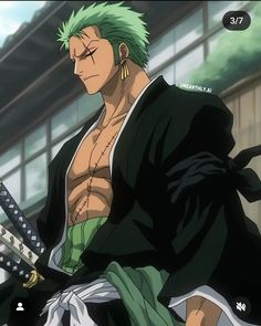 an anime character with green hair holding two swords