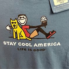 Bought This Last Year For My Husband But I Accidentally Ordered An Xl! Reordered A L And Forgot To Send This One Back. Love ‘Life Is Good’ Shirts!! Super Cool Dad’s Day Gift!! Life Is Good Shirt, Casual Cotton T-shirt Made In Usa, Cool Blue Crew Neck Tops, Life Is Good Tshirts, Vintage Tees Men, Life Is Good Shirts, Good Shirts, Mens Life, Fish Graphic