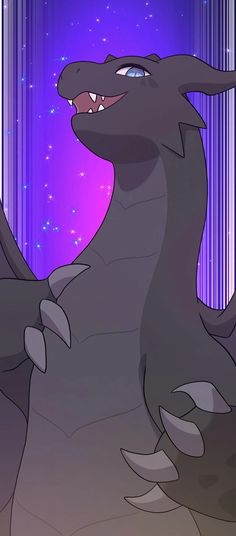 a black dragon is standing in front of a purple background