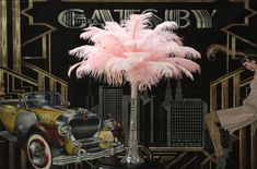 an art deco poster with pink feathers in a vase next to a woman sitting on a chair