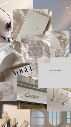 the collage is full of white flowers and jewelry, all in different shades of grey