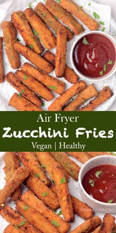 air fryer zucchini fries on a plate with ketchup and sauce