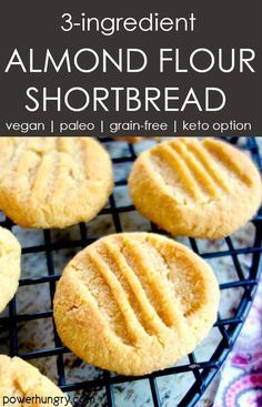 three ingredient almond flour shortbread cookies on a cooling rack with text overlay that reads, 3 ingredient almond flour shortbread