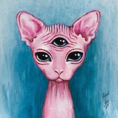 a painting of a sphydrah cat with black eyes and pink fur on it's head