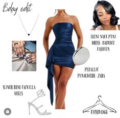 blue birthday/hoco dress, wirh silver accessories Blue Graduation Dresses, Senior Pictures Dresses, Birthday Dress 21st, 21st Birthday Outfits, Birthday Fit, Navy Blue Mini Dress, Cute Homecoming Dresses