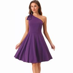 This fit-and-flare dress with pockets, made of soft and breathable fabric, is very comfy to wear. The one-shoulder-with-a-bow design makes this skater dress cute yet lady chic. Cute and gorgeous, it is fitted on top and then flares out beautifully, showing off your legs but not too short. This dress is soft-touching, lightweight, and breathable in solid color. Suitable for many different occasions. Perfect for night-outs, clubs, evening parties, cocktails, proms, weddings, dance parties, and other special situations. Pair it with high heels in spring, summer, autumn, and winter. Christmas Party Elegant, Dresses Dark Purple, One Shoulder Formal Dresses, Evening Cocktail Dresses, Purple Cocktail Dress, A Line Cocktail Dress, Plum Dress, Dance Parties, Dress Women Elegant