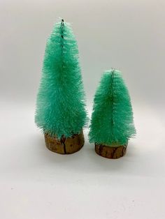 two small green trees sitting on top of a wooden stump