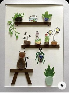 there are many different items on the shelf above each other, including rocks and plants