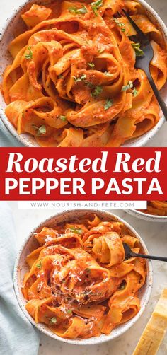 roasted red pepper pasta in a white bowl