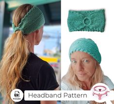 a woman wearing a green headband with a knot on it's side and another photo of her hair in the background