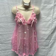 2pc Pink White Flower Open Back Babydoll Style Lace Lingerie Feminine Sheer Pink Sleepwear, Feminine Pink Sheer Sleepwear, Cute Pink Sleepwear With Spaghetti Straps, Cute Pink Party Sleepwear, Pink Sheer Party Sleepwear, Pink Sheer Coquette Sleepwear, Pink Sheer Lace Sleepwear, Coquette Style Camisole For Sleepovers, Pink Lingerielook