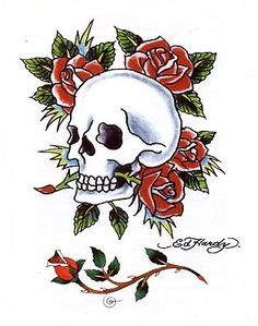 a skull and roses tattoo design on a white background