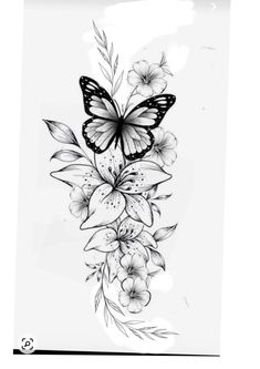 a black and white drawing of flowers with a butterfly on the top of one flower