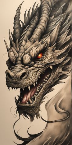 a drawing of a dragon with red eyes