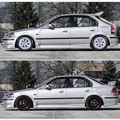 two pictures of a white car with black rims